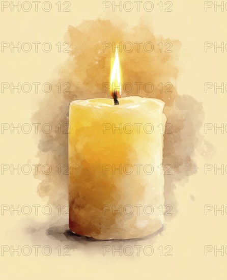A candle is lit and is sitting on a table. The candle is yellow and the flame is small. The image has a warm and cozy feeling to it. AI generated