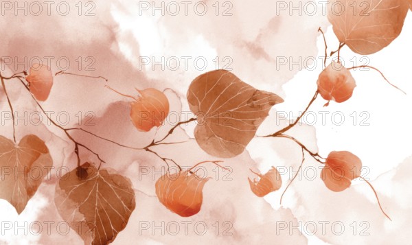 A painting of a branch with orange leaves and orange flowers. The painting has a warm and inviting mood. AI generated