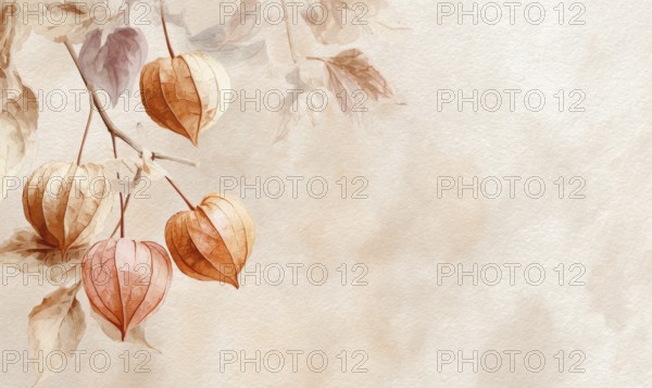 A painting of a branch with orange flowers on it. The flowers are small and clustered together. The background is a light tan color. AI generated