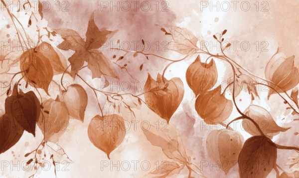 A painting of a tree with leaves and flowers in a pinkish orange color. The painting has a warm and inviting mood, with the colors. AI generated