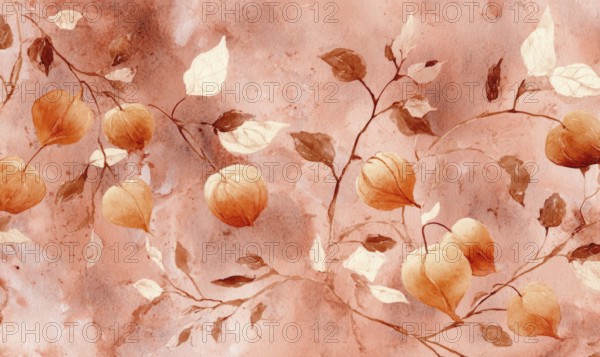 A painting of a tree with orange leaves and orange flowers. The painting has a warm and inviting mood. AI generated