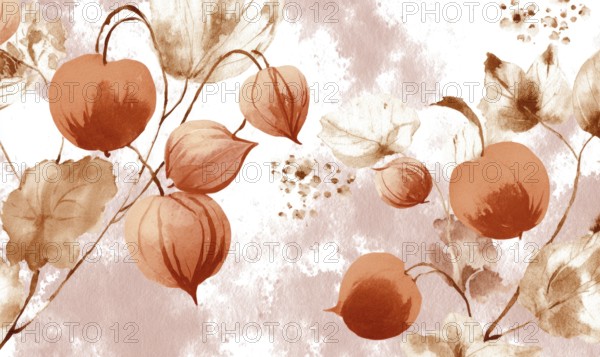 A painting of a bunch of orange flowers with leaves. The flowers are in various sizes and are scattered throughout the painting. AI generated