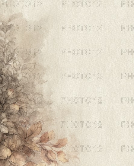 A watercolor painting of a tree with leaves and branches. The leaves are brown and the branches are thin. The painting has a peaceful and calming mood. AI generated