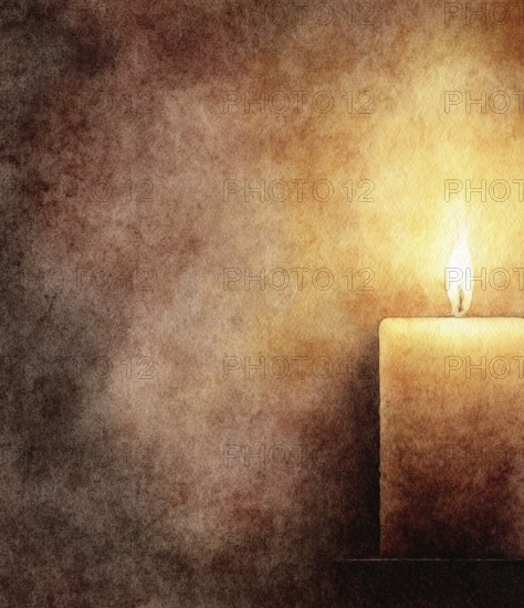 A candle is lit in a room with a brown wall. The candle is the only light in the room. AI generated