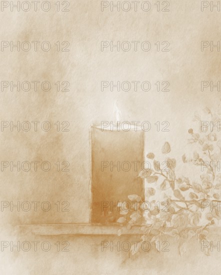 A candle is lit on a table with some leaves. The candle is orange and the leaves are green. AI generated