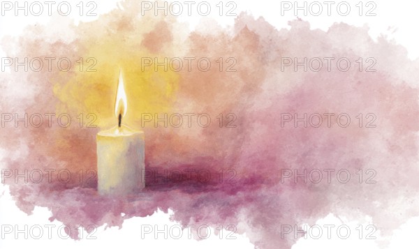A candle is lit in a painting with a pink background. The painting has a warm and calming mood, with the candle representing hope. AI generated