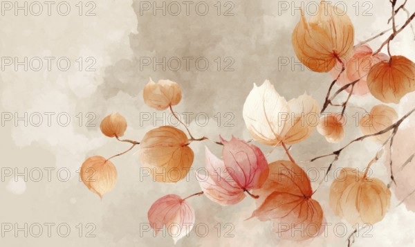 A watercolor painting of a tree branch with orange leaves. The painting has a serene and peaceful mood, with the orange leaves creating a warm. AI generated