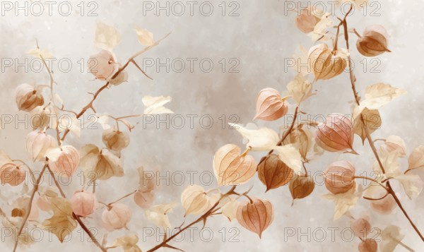 A painting of a branch with orange flowers on it. The painting has a warm and inviting mood. The brushstrokes are loose and expressive. AI generated