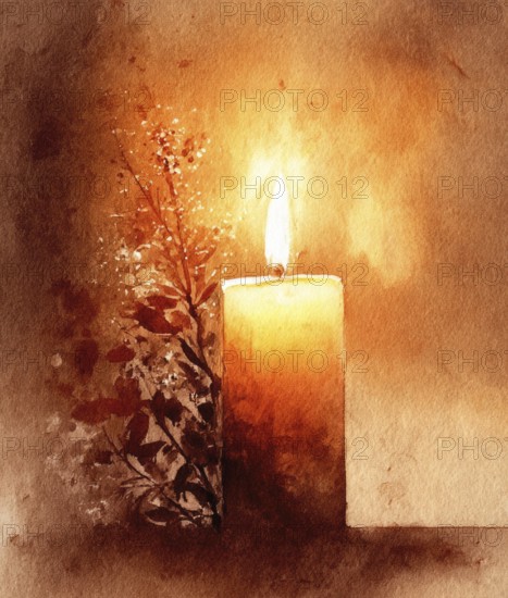 A candle is lit in a painting with a dark background. The candle is surrounded by flowers, which adds a sense of warmth and tranquility to the scene. AI generated