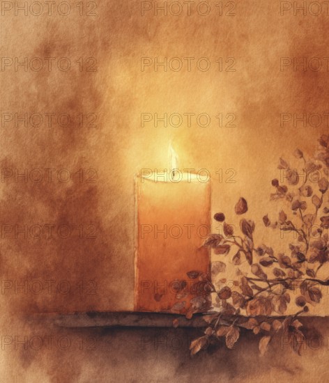 A candle is lit in a painting with a warm, orange background. The candle is the main focus of the painting, and it creates a sense of warmth. AI generated