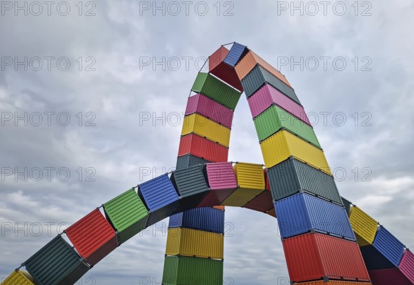 Le Havre, Normandy, France, 29 May, 2025: Striking street art installation Catena Containers Vincent Ganivet in Le Havre. Tall, curved arch made from stacked multicolor shipping containers, Le Havre, Normandy, France