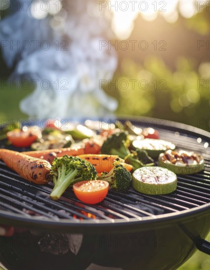 Cooking vegetables on grill outdoors, healthy lifestyle with healthy food, close up of grill with blurred background, soft golden light, picnic in the green park or garden, no people, AI generated