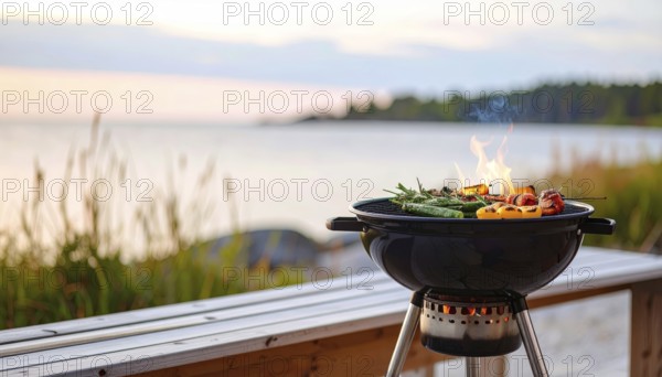 Cooking vegetables on grill outdoors, healthy lifestyle with healthy food, close up of grill with blurred background, soft golden light, picnic in the green park or garden, no people, AI generated