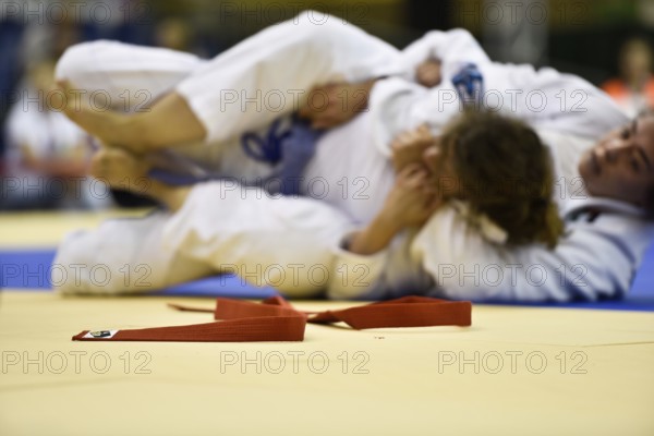 WROCLAW, POLAND - JULY 29, 2017: Ju-Jitsu Ne-Waza during the The World Games 2017. Fight for thirth place between Chloe Claude Laurence Lalande FRANCE (R) vs Emilia Mackowiak POLAND (L)