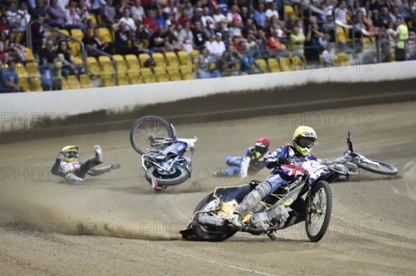 WROCLAW, POLAND - JULY 29, 2017: Speedway couple turnament race Sweden - United Kingdom during The World Games 2017. In action Craig Cook (W), Fredrik Lindgren (R) and Steve Worrall (Y)