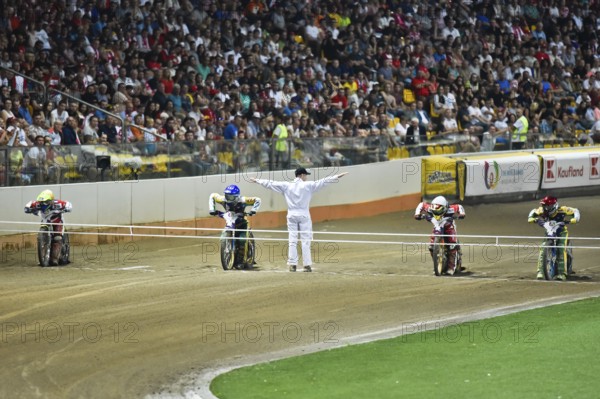 WROCLAW, POLAND - JULY 29, 2017: Speedway couple turnament race Denmark - Australia during The World Games 2017. In action Kenneth Bjerre (Y), Chris Holder (B), Niels-Kristian Iversen (W) and Jason Doyle (R)