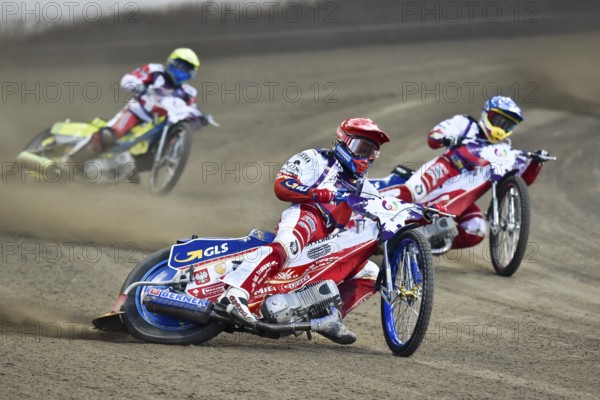 WROCLAW, POLAND - JULY 29, 2017: Speedway couple turnament race Poland - Denmark during The World Games 2017. In action Bartosz Zmarzlik (R), Maciej Janowski (B)