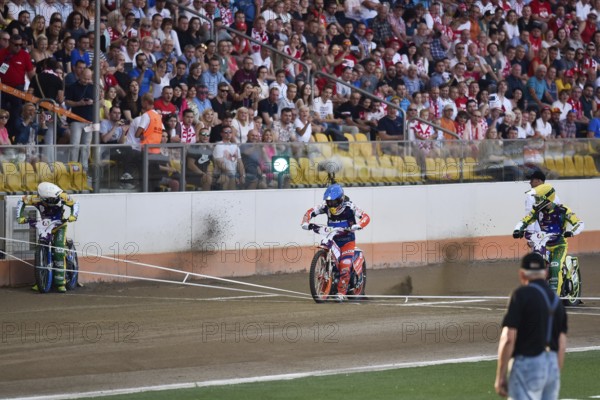 WROCLAW, POLAND - JULY 29, 2017: Speedway couple turnament race Russia - Australia during The World Games 2017. In action Jason Doyle (W), Viktor Kulakov (B) and Chris Holder (Y) during the start