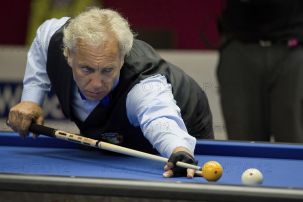 WROCLAW, POLAND - JULY 29, 2017: Billiard sports during the The World Games 2017. Marco Zanetti during 4 ball billiard match with Daniel Sanchez