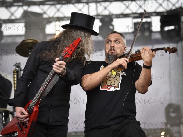WROCLAW, POLAND - AUGUST 29, 2016: Pawel Grzegorczyk (L) and Michal Jelonek (R) from band Hunter during festival wROCK for freedom