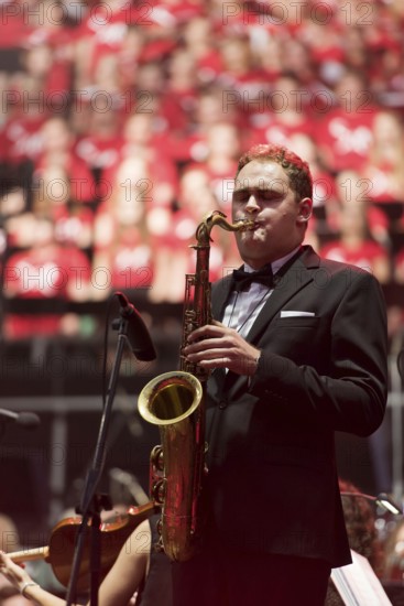 WROCLAW, POLAND - JULY 23, 2016: Saxophonist during concert Singing Europe. The concert is part of the Days in the Dioceses of World Youth Day and the European Capitol of Culture