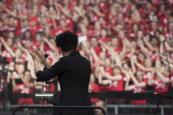 WROCLAW, POLAND - JULY 23, 2016: Conductor Agnieszka Frankow-Zelazny during concert Singing Europe. The concert is part of the Days in the Dioceses of World Youth Day and the European Capitol of Culture