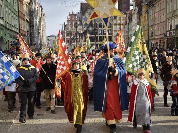 WROCLAW, POLAND - JANUARY 6, 2017: Epiphany holiday in Christian religion. Traditional procession, reconstruction of visit of the Magi to the infant Jesus