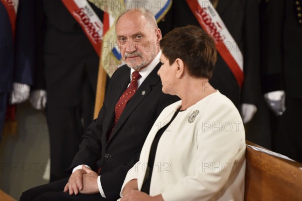 LUBIN, POLAND - AUGUST 31, 2017: Celebrations of the 35th anniversary of the Lubin Crime and the 37th anniversary of the founding Solidarnosc. Minister of National Defence Antoni MAcierewicz (L) and Polish Prime Minister Beata Szydlo (R)