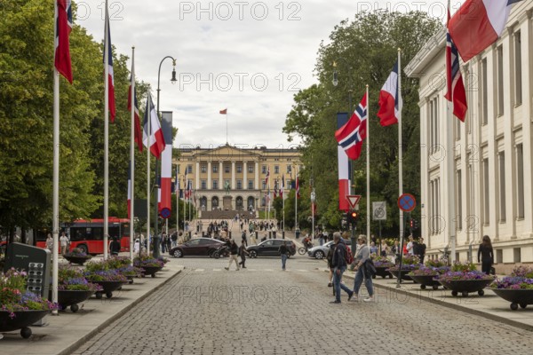 Karl Johans gate, the main street in Oslo, with the Royal Palace seen at its end. The national flags of Norway and France decorate the city centre for the state visit of the French president, Emmanuel Macron. Oslo, Østlandet, Norway