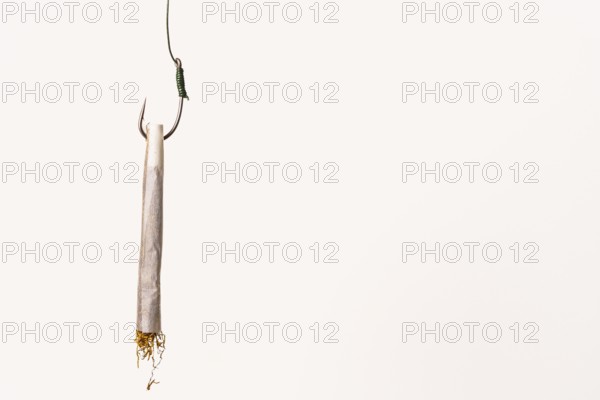 Rolled cigarette on a fishing hook, symbolizing the dangers of tobacco addiction and the lure of harmful habits