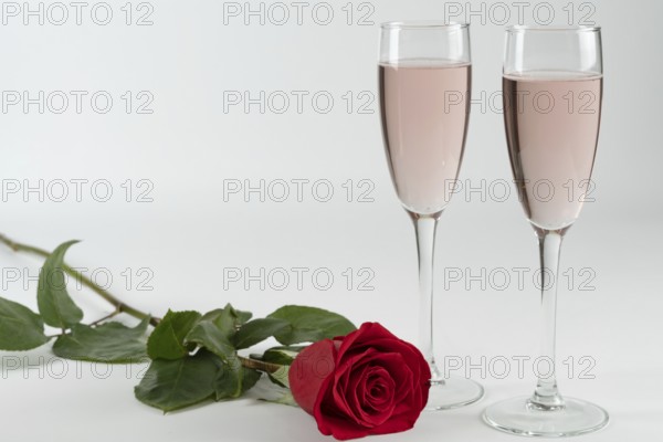 Two glasses of champagne and a red rose isolated on a white background