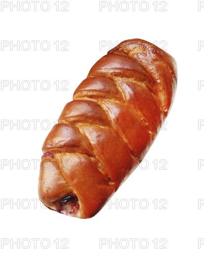 Sweet crispy bun with fruit jam on white background