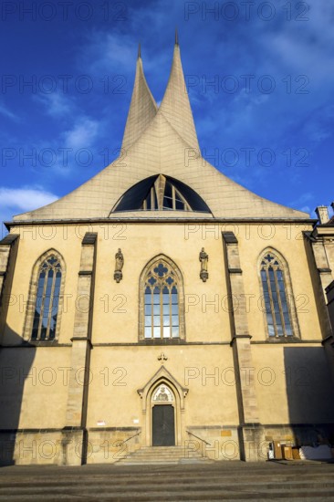 Emmaus monastery Na Slovanech, Abbey Church of the Blessed Virgin Mary, St. Jerome and Slavic Saints entrance architectural detail, sunny day, Prague, Czech Republic