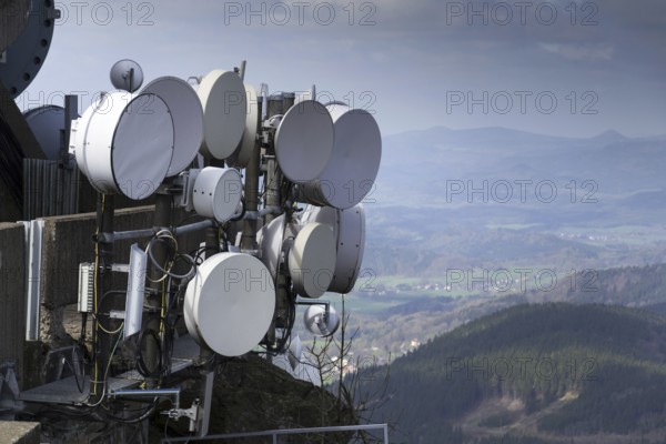 Bunch of transmitters and aerials on the telecommunication tower Liberec Czech republic