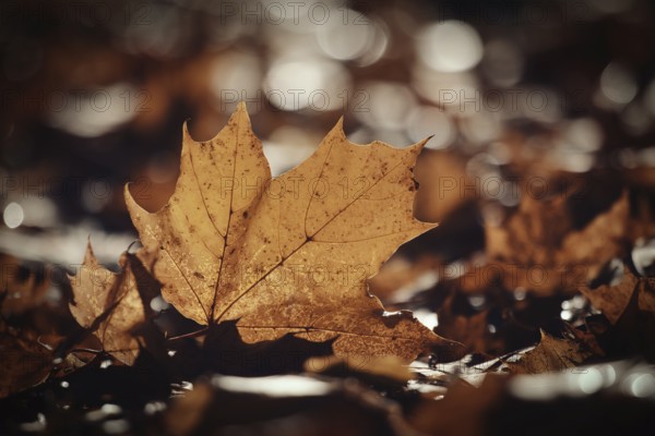 A close-up of a brown autumn leaf on a sunlit forest floor with a soft bokeh background. Poland, Poznan