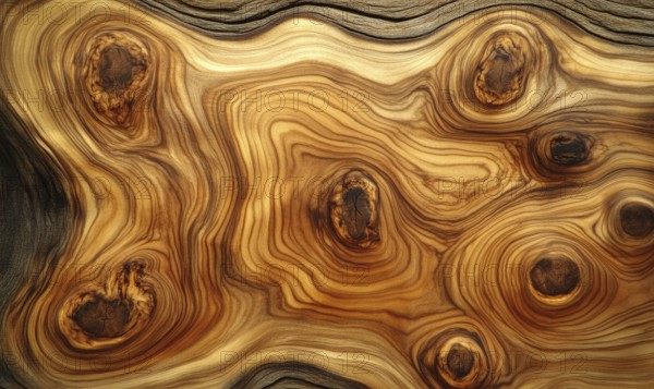 Wood surface with prominent knots and swirling grain patterns in warm tones. AI generated