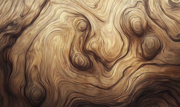 Complex wood texture with swirling patterns and knots in deep brown tones. AI generated