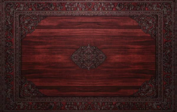 A wooden table with a red rug underneath it. The rug has a design on it. The table is empty AI generated