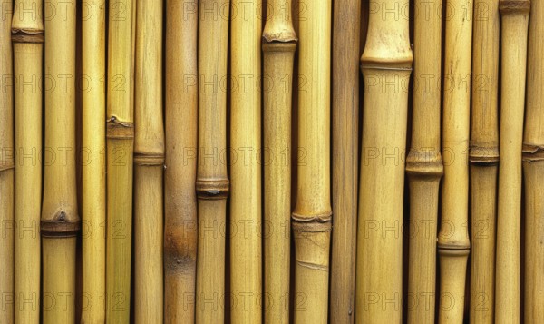 A row of bamboo sticks are shown in a close up. The sticks are brown and appear to be weathered. Concept of rustic charm and natural beauty AI generated
