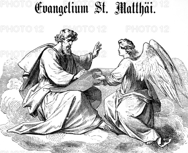 Introductory picture to the Gospel of Matthew, chapter 1, God, angel, scroll, pen, writing, New Testament, Bible, historical illustration 1877