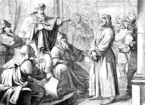 The High Priest Caiaphas interrogates Jesus, Gospel of Matthew, chapter 26, false witnesses, son of God, blasphemy, guilty verdict, death sentence, spitting, beating face, anger, wrath, New Testament, Bible, historical illustration 1877