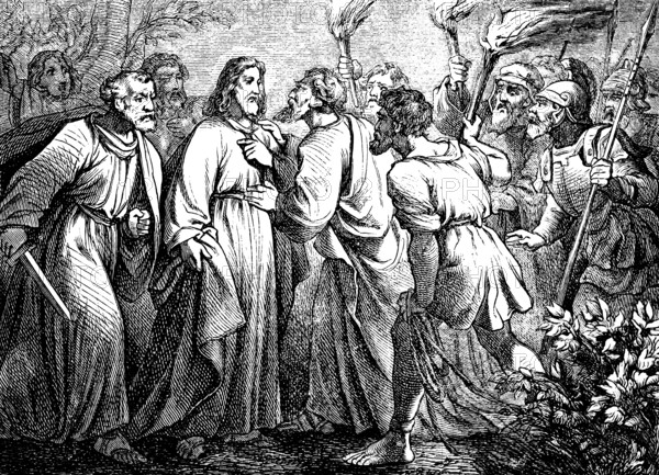 Capture of Jesus by the traitor Judas at the court Sethesemane, Gospel of Matthew, chapter 26, torches, fighters, weapons, swords, lances, helmets, disciples of Jesus, high priest Caiaphas, scribes, speaking false witness, betrayal, New Testament, Bible, historical illustration 1877