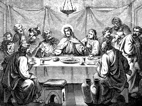 The last meal of Jesus with his disciples, truly one will betray me, woman with glass of water, table set, Gospel of Matthew, chapter 26, preaching the Gospel, Judas Iscariot the traitor, oil lamp, room, Easter, sacrifice, Easter lamb, New Testament, Bible, historical illustration 1877