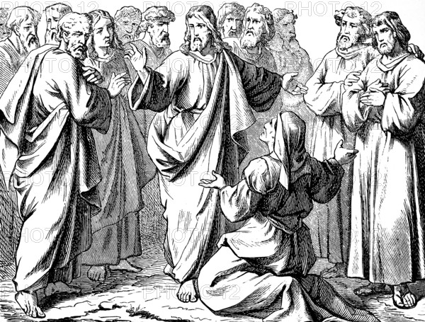 Request Salome, mother of two sons, take the sons into your kingdom, on the right and on the left, drink chalice, baptism, Jerusalem, disciples of Jesus, Gospel of Matthew, chapter 20, New Testament, Bible, historical illustration 1877
