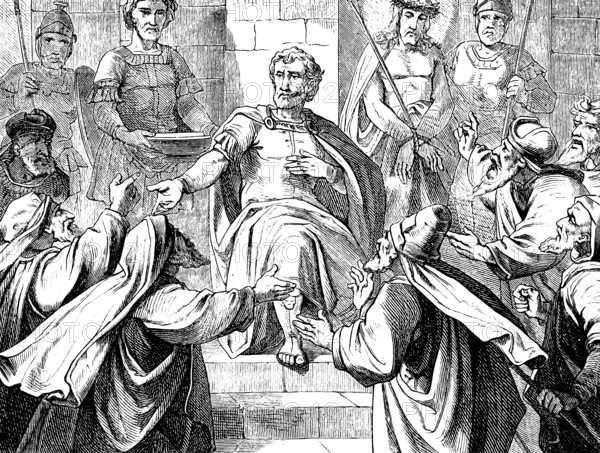 The governor Pilate in the judgment seat, the people demand Jesus crucifixion, Jesus bound with halo, people scream, excitement, demand, death, Barabbas, Gospel of Matthew, chapter 27, New Testament, Bible, historical illustration 1877