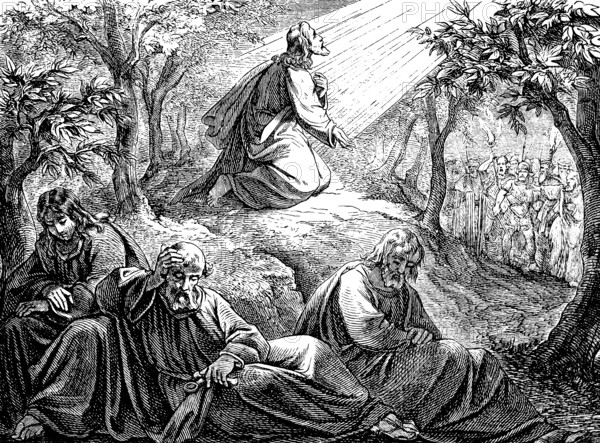 Judas with armed warriors, battle at court Sethesemane, sit down, I go and pray, Gospel Matthew, chapter 26, New Testament, hill, prayer, plea to Goot, ray of light from heaven, torches, swords, betrayal, traitor, high priest, Bible, historical illustration 1877