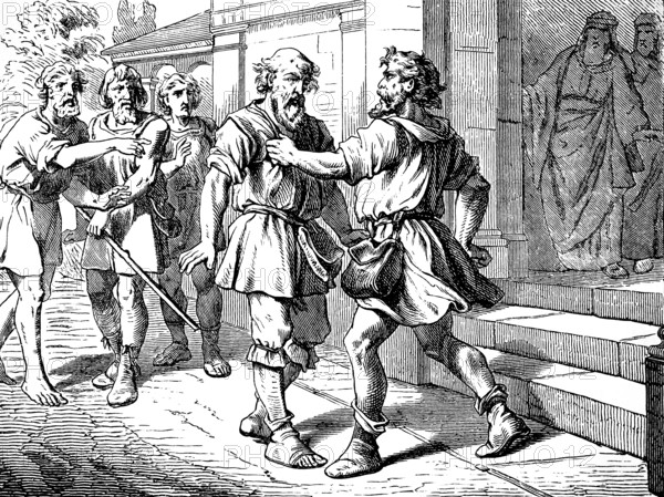 The great debtor's relentlessness against the servant, debt, debtor and creditor, anger, servants, impatience, strangling, threatening, poverty, prison, anger, heartless, Gospel of Matthew, chapter 18, New Testament, Bible, historical illustration 1877