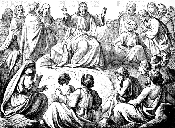 The Sermon on the Mount, Blessed Are Those Who Are Spiritually Poor, Salt of the Earth, Speech to the Disciples of Jesus, Listener, Justice, Mercy, Hunger, Thirst, Sitting, Gospel of Matthew, Chapter 5, New Testament, Bible, Historical Illustration 1877