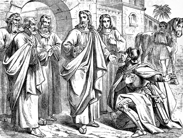The captain at Capernaum kneels and speaks to Jesus, Gospel of Matthew, chapter 8, halo, servant, gout, agony, recovery, city gate, horse, armor, New Testament, Bible, historical illustration 1877