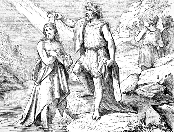 John the Baptist baptizes Jesus, Gospel of Matthew, chapter 3, purification baptism, Jordan, ray of light, Spirit of God, New Testament, Bible, historical illustration 1877